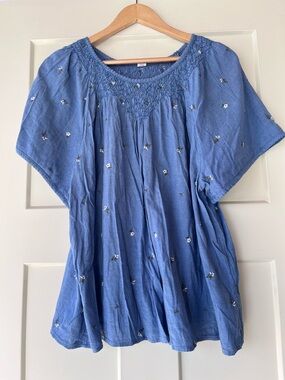 Old Navy Blue Embroidered Smocked Yoke Peasant Blouse